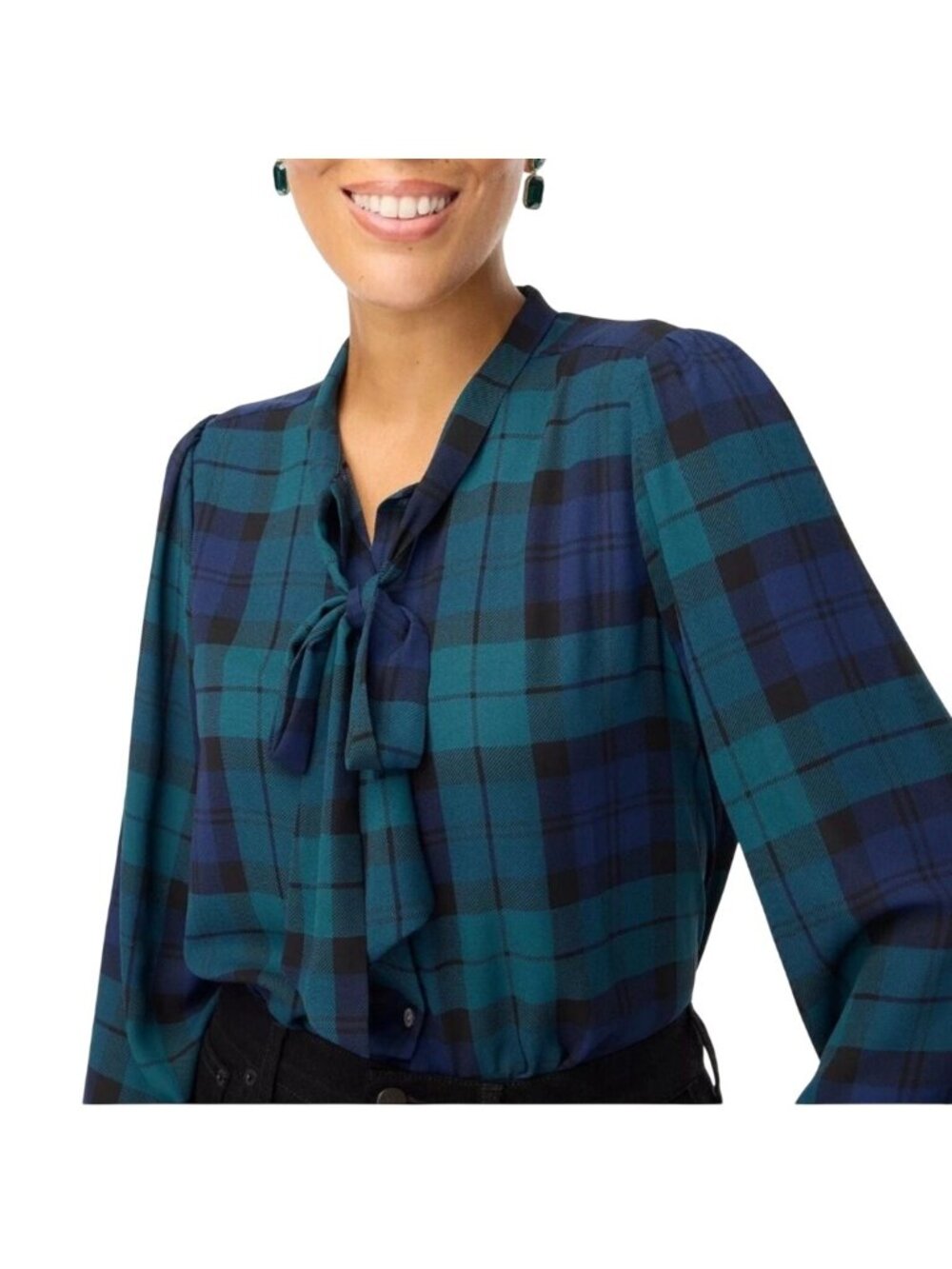J.Crew Black Watch Plaid Bow Blouse Career Classic Preppy Blue Green Size M